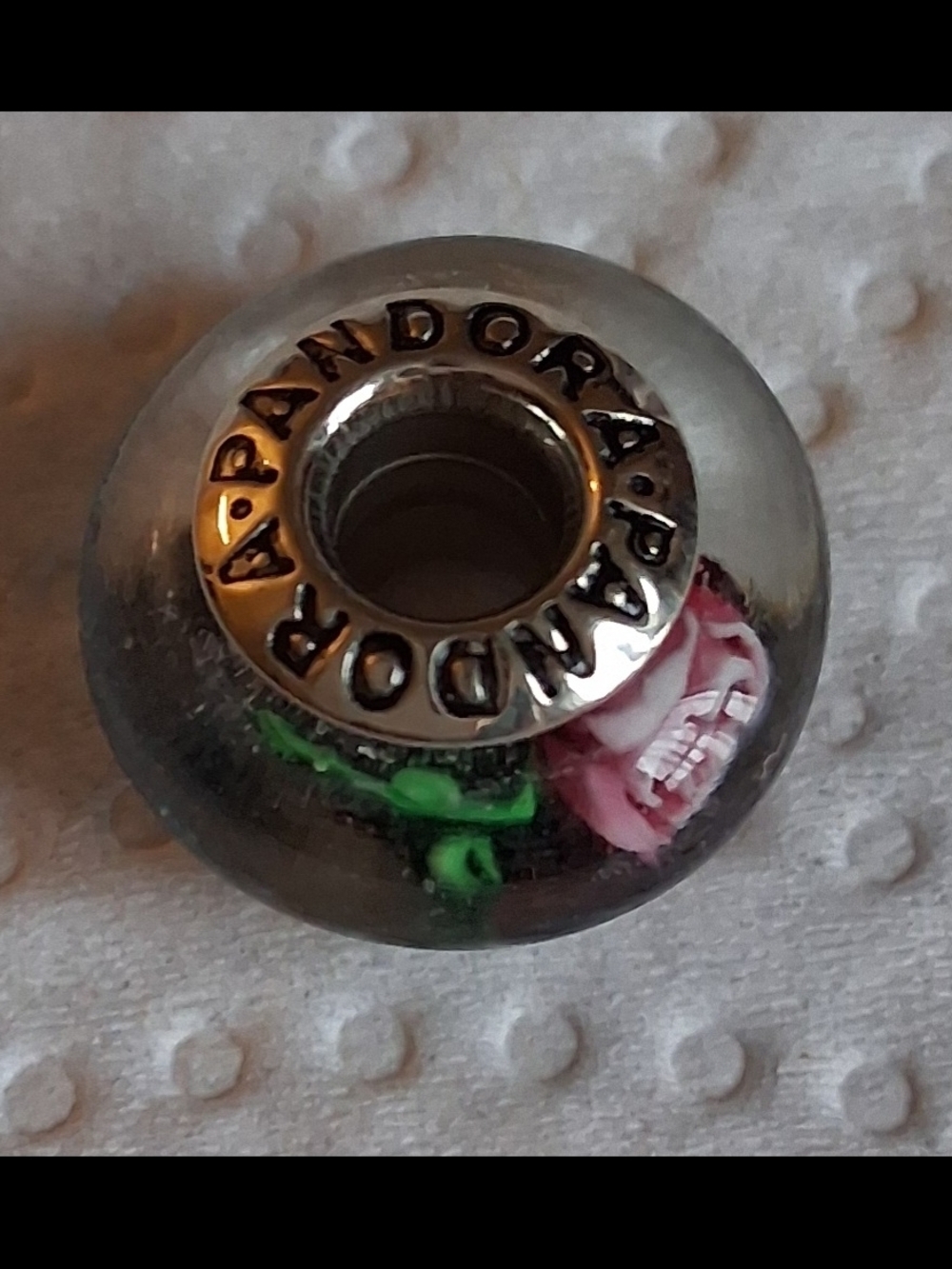 Autentic Used Pandora Glass Floral Murano Charm - Pink & Green